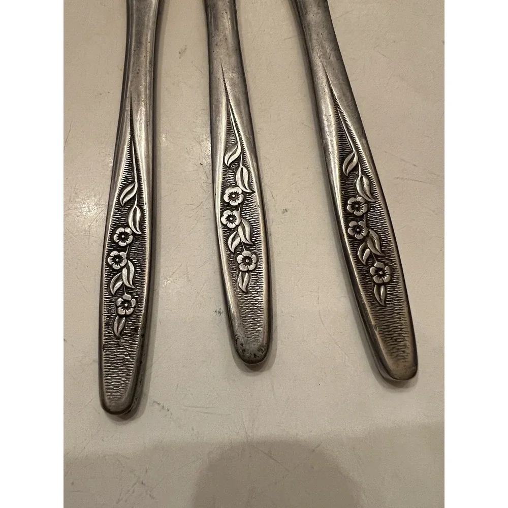 Superior Radiant Rose 3 Dinner Knives Stainless USA Floral Leaves Brushed Metal
